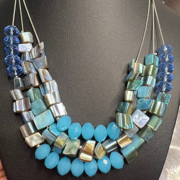 Jewelry - Blue Shell Bead Abalone Statement Necklace Fashion Jewelry Three Strand‎ 17 in